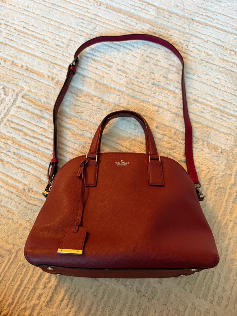 Kate Spade Burgundy Saffiano Leather Dome Satchel Crossbody Bag Gold Hardware